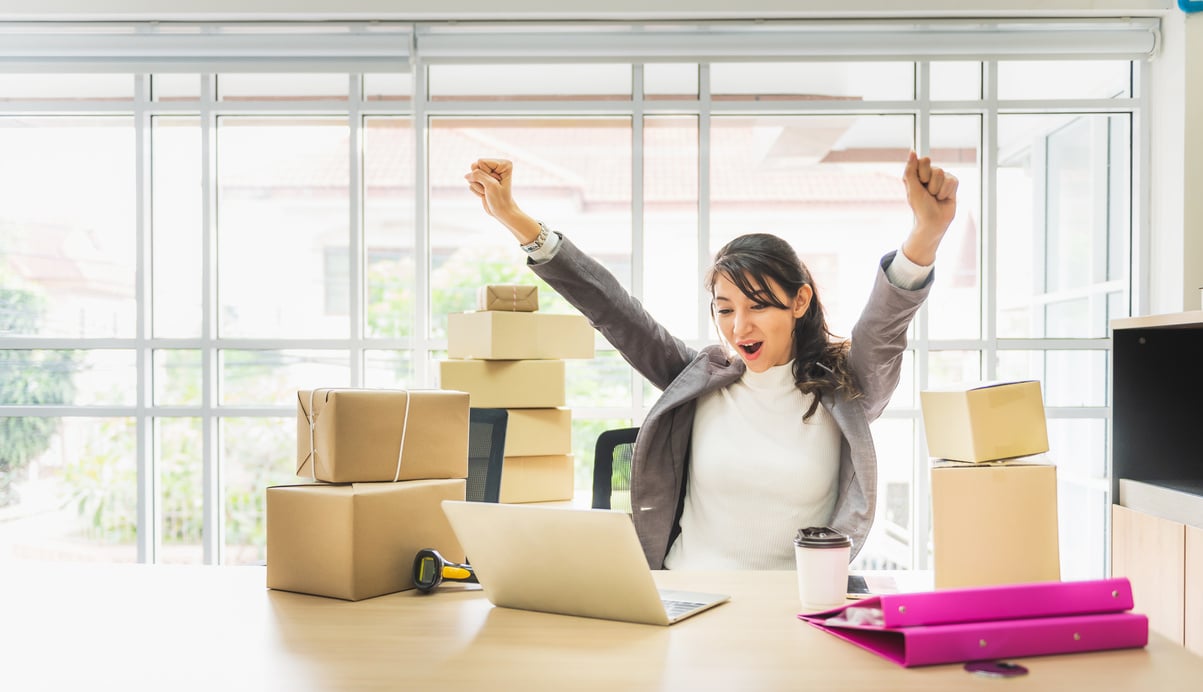 Businesswoman Online Seller Arms up with Laptop and Cardboard Box